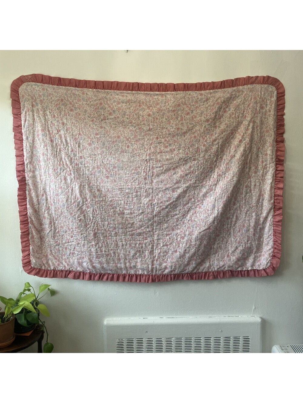 Cottage Gingham Floral Throw Blanket Handmade Baby Quilt Ruffle 53"x39"